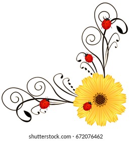 Corner with calendula and ladybirds on a white.