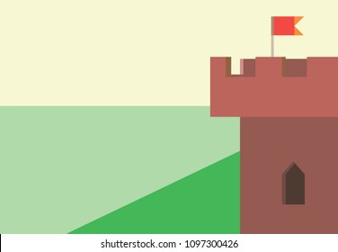 corner castle tower with a banner, stained-glass window