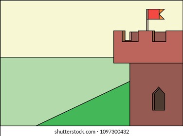 corner castle tower with a banner, stained-glass window