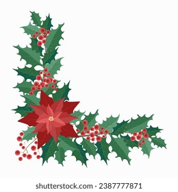 corner Christmas composition of poinsettia and twigs with green leaves and red berries
