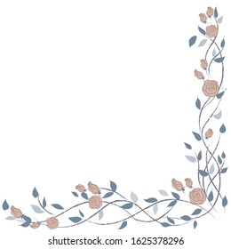 Corner composition with pink roses and green leaves. Vector illustration isolated on white background.