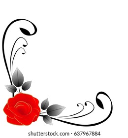 Corner composition with red rose and leaves.