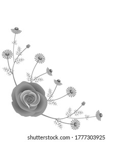 Corner composition with rose and branches on a white background.