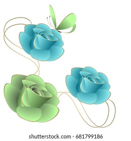 Corner composition with roses and butterfly isolated on white background.