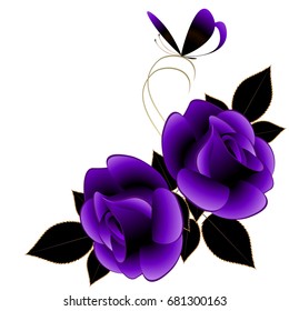 Corner composition with violet roses and butterfly, isolated on white background.