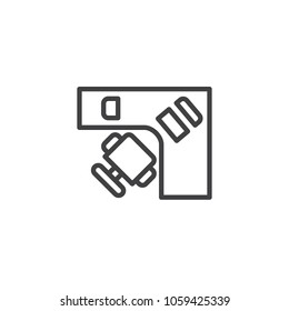 Corner computer desk with chair top view outline icon. linear style sign for mobile concept and web design. simple line vector icon. Symbol, logo illustration. Pixel perfect vector graphics