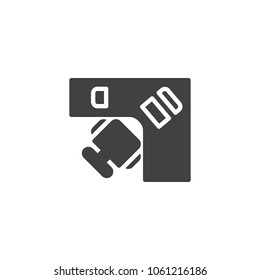 Corner computer desk with chair top view vector icon. filled flat sign for mobile concept and web design. simple solid icon. Symbol, logo illustration. Pixel perfect vector graphics