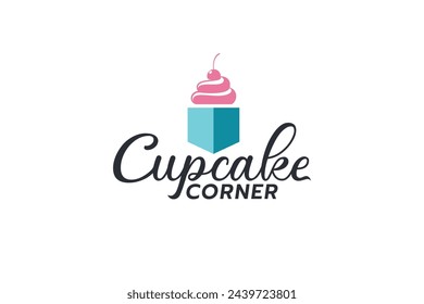 corner cupcake logo with a combination of cupcake toppings, corner sign, and beautiful lettering for cafes, restaurants, bakery shops, etc.