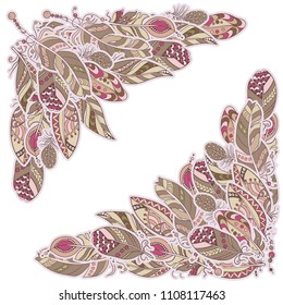 Corner decor element for frames in vector graphic with feathers in tribal ornamental style in pink and brown pastel colors
