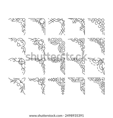 Corner Decoration Collection Icons Set Vector. Corner Decorative Border And Frame, Stylish Decor For Glass Or Mirror, Stylish Ornament Black Contour Illustrations