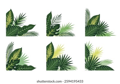 Corner decoration with exotic tropical leaves. Monstera, Rhopalostylis, Areca, Banana, palm tree, climber. Hawaiian plants. Vector on white background.