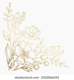 Corner decoration with golden flowers, branches and leaves in line art style. Abstract botanical background. Vector illustration for card, banner, invitation, advertising and packaging