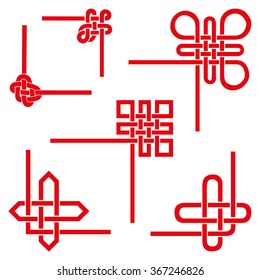 Corner decorative set.Endless Auspicious knot.China,Tibet, Eternal,Buddhism,Spirituality icon,symbol.Vector red borders,frame.Feng  Shui traditional element,geometric ornament.Design template 