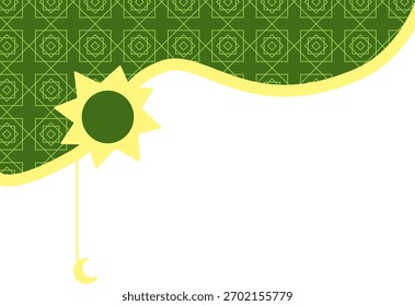 Design de canto com curva verde abstrata, raios solares e um elemento islâmico curvo.