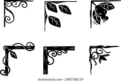 Corner design. Set of ornamental corners in woodcut style. rustic, vector illustration