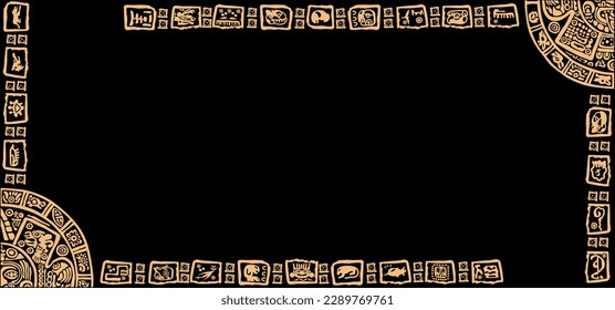 Corner design from symbols, letters, masks and pictures of the ancient Maya and Toltec civilization 
The Mayan alphabet. Ancient signs of America on a black background.