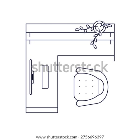 Corner desk with chair and shelf, top view. Work table, outline contour drawing, from above. Workplace design with computer. Business furniture. Flat vector illustration isolated on white background