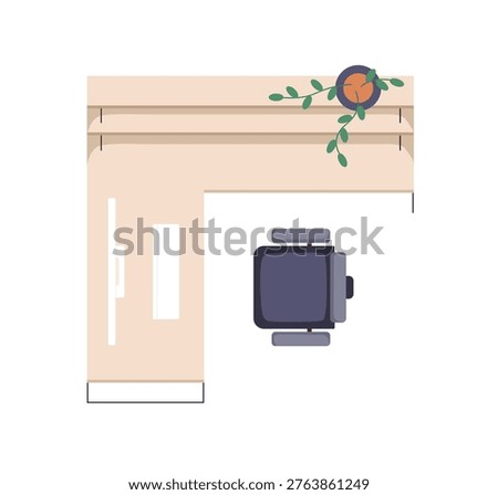 Corner desk with office chair and shelf, top down view. Work place, wooden table, from above. Workplace, study furniture with computer. Flat vector illustration isolated on white background