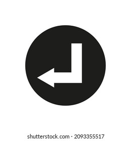 Corner down left arrow. Black circle. Angular sign. Navigation element. Simple design. Vector illustration. Stock image.