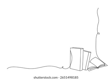 Corner element with books drawn by one line. Minimalist sketch. Continuous line drawing art closed and open books. Creative vector illustration.