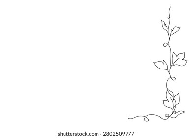 The corner element of a climbing plant is drawn with one line. Botanical sketch. Design for border, frame, divider in the templates. Hand drawn vector illustration on the white background.