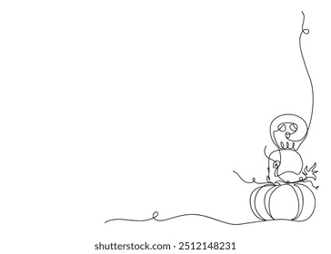 Eckelement eine Zeile. Skizze mit Kürbis und Schädeln. Komposition für Halloween-Thema im Doodle-Stil. Kreative Vektorgrafik.