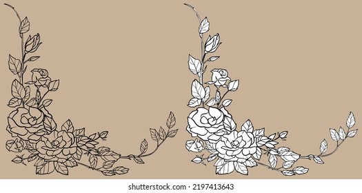 Corner element openwork floral frame vector vertical spring card. Black and white flowering branches.