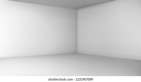 Corner of empty room with white walls, floor and ceiling. 3d blank interior of living room, office, gallery, studio or hallway, vector realistic illustration in perspective view