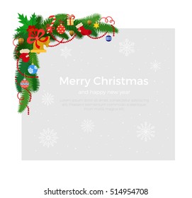 Corner Fir-tree Branches With Garland, Christmas Tree Toys And Bells, Snowflakes Background Vector Illustration. Winter Holidays And Celebrations Concept. Empty Copyspace For Your Text.