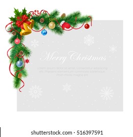Corner Fir-tree branches with garland, Christmas tree toys and bells, snowflakes background vector illustration. Winter holidays and celebrations concept. Empty copyspace for your text.