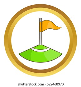 Corner flag on soccer field vector icon in golden circle, cartoon style isolated on white background