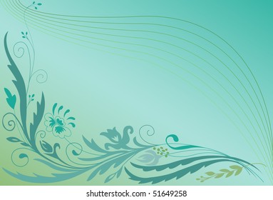 Corner floral ornament on the gradient background  of turquoise