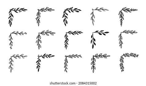 Corner flourish border set. Hand drawn doodle style corner with rustic floral element. Vector illustration border.