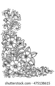 Corner flower pattern for card. Floral doodle illustration. Design elements for creative ideas. Zentangle art.