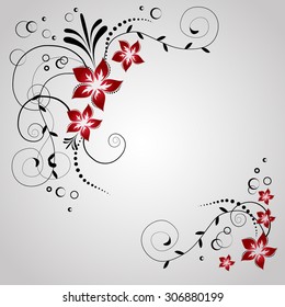 Corner flowers for invitation card. Swirl flowers background in vector. Wedding design elements. Romantic background. Flowers congratulation card. Red flowers corner. Swirl flowers corner.