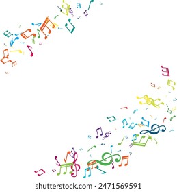 Esquina de notas de música voladoras. Elemento de decoración de Vector en colores arcoíris.