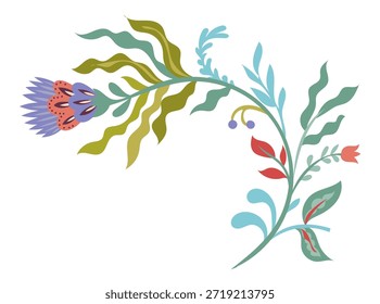 Composición floral folk de esquina con pétalos estilizados y follaje ideal para marcos, bordes, textiles y diseños decorativos.