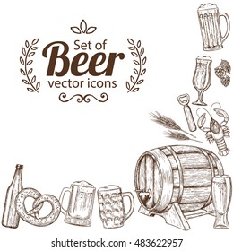 Corner frame with beer icons. Sketch style illustration of beer for vintage decorations of pub or bar menu. Vector.