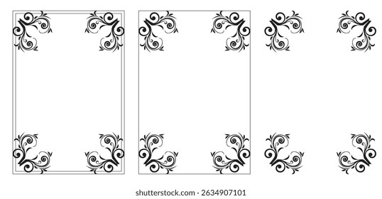 Corner frame, Black art deco frames. Floral twisted lines. Botanical graphic flourish. Hand drawn arrows. Recent vector set