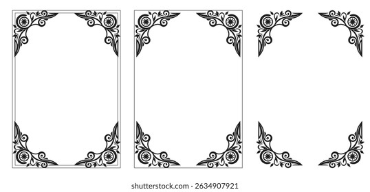Corner frame, Black art deco frames. Luxury decorative design elements. Geometric and plant parts. Modern card borders. Victorian ornament. Line gold framework. Floral flourish