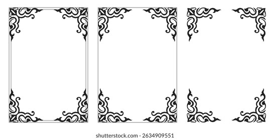 Corner frame, Black art deco frames. Art deco decorative linear frames. Vintage card botanical border. Ornament element