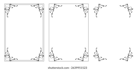 Corner frame, Black art deco frames. Decorative frame set. Vector vintage frames on white backgrounds
