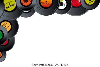Corner frame or border made of realistically drawn vinyl records of 1970s, EPS 8 vector illustration, no transparencies, no mech, no mask