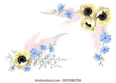 Corner frame and bouquet of pink astilbe, chicory, yellow anemone flower. Copy space. Isolated on white background. Botanical style, vector illustration.