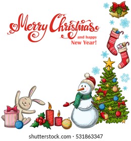 Corner frame with Christmas icons. Colorful sketch style Christmas illustration for decoration. Vector.