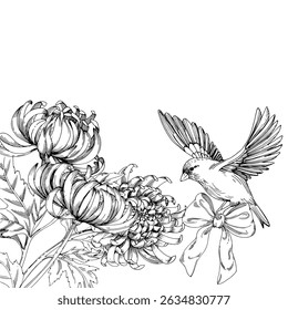 Corner frame of chrysanthemums and greenfinch. Handmade ink illustration of chrysanthemums and bird with bow. For packaging design, cards, cover, prints, product labels and fabric.
