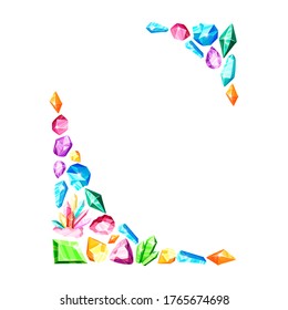 Eckrahmen - bunter Regenbogenkristalle oder blaue, goldene, grüne, rosafarbene Edelsteine, einzelne Symbole auf weißem Hintergrund, Komposition mit Edelsteinen, Quarz, Mineralien, Diamanten, flache Vektorgrafik