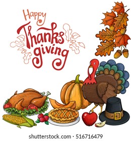 Corner frame with colorful Thanksgiving icons. Colorful sketch style greeting card with traditional food, leaves and turkey decoration. Vector.