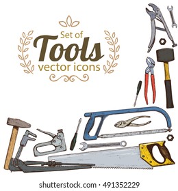 Corner frame with colorful tool icons. Sketch style illustration of repair tools for vintage decoration. Vector.