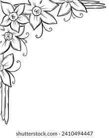 Eckrahmen mit duftenden Blumen im Doodle-Stil. Vektorgrafik, schwarz-weiß